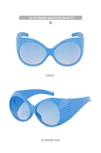 Close-up of blue oval cat-eye sunglasses with vertical shutter texture on the frames