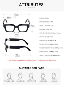 Tabla de tallas detallada para gafas cuadradas con material PC y dimensiones
