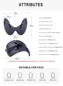 Size chart for PC fashion cycling sunglasses showing detailed dimensions and face fit guide