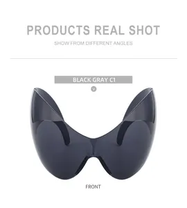 Front view of Y2K cat-eye cycling sunglasses with a wrap-around black gray shield lens