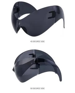 Detail view of Y2K wrap-around cycling sunglasses showing 45 and 90 degree side angles