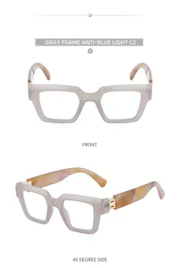 Gafas cuadradas grises anti-luz azul con vistas detalladas frontal y lateral de 45°