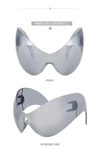Front and 45-degree side macro views of silver mercury coated futuristic cycling sunglasses