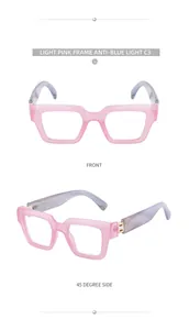 Vista frontal y lateral de gafas rectangulares rosas con patillas de mármol