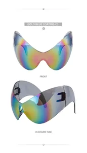Detailed front and 45-degree side views of Y2K cat-eye wrap shield sunglasses with blue coating