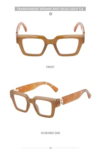 Vista de detalle de gafas de montura cuadrada marrón transparente C4 con lentes anti-luz azul
