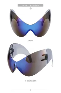 Front and side view of Y2K cycling sunglasses with blue mirror coating shield lens