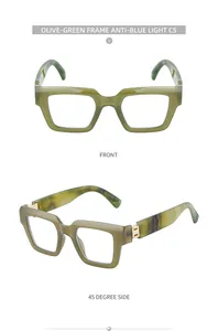 Vista detallada de gafas cuadradas verde oliva con lentes anti-luz azul y detalles dorados