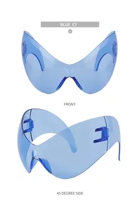 Detailed front and side views of Blue C7 Y2K wrap-around cycling sunglasses with cat-eye lenses