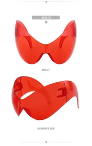 Macro detail of red translucent Y2K wraparound sunglasses showing front and side view
