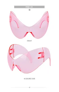 Detailed front and 45-degree side views of pink Y2K cat-eye wrap-around sunglasses