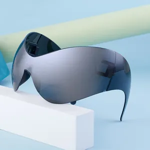 Y2K style oversized futuristic cycling sunglasses with dark grey wraparound shield lens