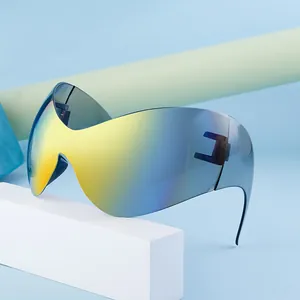 Y2K wraparound sports sunglasses with yellow and blue gradient mirror lens on pedestal