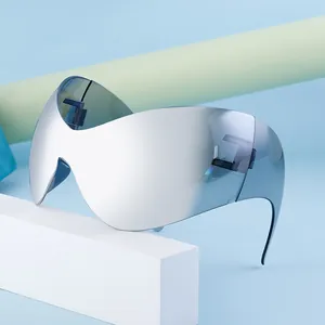 Futuristic silver mirror wrap-around Y2K cycling sunglasses with frameless shield lenses