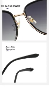 Détail des plaquettes de nez 3D et branches antidérapantes de lunettes de soleil