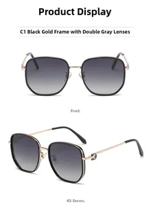 Vues de face et de profil de lunettes de soleil oversize noir et or avec verres dégradés gris