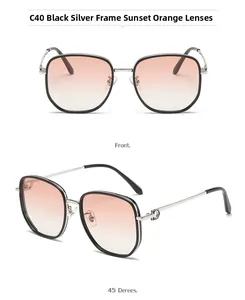 Détails de lunettes de soleil polarisées à monture large noir-argent et verres orange dégradé