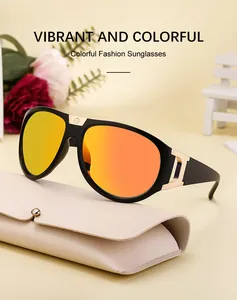 Detail of gradient sunglasses with gold hinges and matching leather storage case
