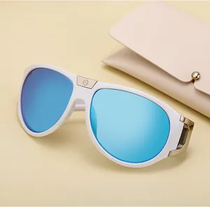 Close-up of white sunglasses with blue mirrored lenses and a leather case pouch