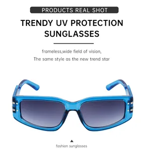 Detail of blue translucent rectangle sunglasses with gold accents and gradient lenses