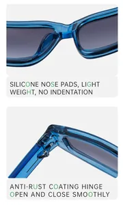 Detail of blue transparent sunglasses with silicone nose pads and durable hinges