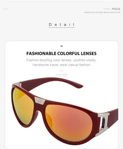 Detail view of burgundy sunglasses frame with orange mirrored anti-blue light lens