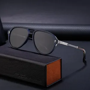 Classic pilot sunglasses with deep blue frames and silver metal arms on a carbon fiber base