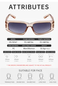 Detailed attribute chart for rectangular tea frame sunglasses with purple gradient lenses