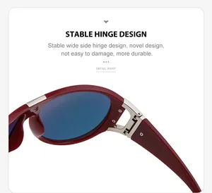 Detail of durable silver metal wide hinge design on sporty burgundy sunglasses frames