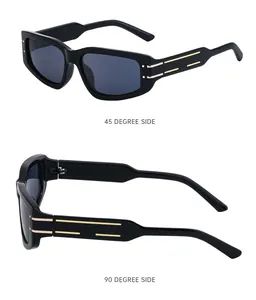 Dual view of black rectangle sunglasses with golden side details and dark lenses