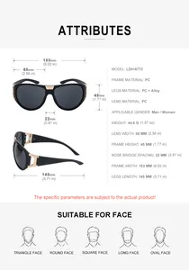 Detailed sizing chart and technical specifications for LDH-6772 outdoor sports sunglasses