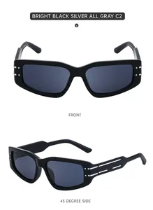 Detail view of black rectangular sunglasses with silver metal hinges and grey lenses