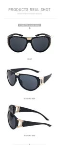 Detailed views of matte black sports sunglasses with elegant gold metal accents
