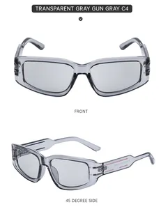 Front and side view of transparent gray rectangle sunglasses with metal rivets and gray lenses