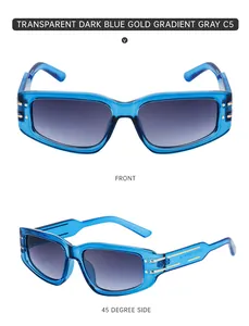 Detail view of transparent dark blue frames with gold metal accents and gradient gray lenses