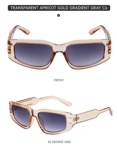 Detailed front and side views of transparent apricot sunglasses with grey gradient lenses