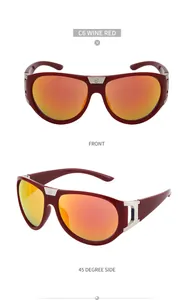 Detail view of wine red sports sunglasses with orange reflective lenses and silver metal parts