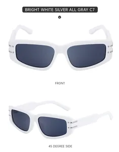 Front and side view of bright white vintage sunglasses with dark gray lenses