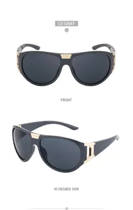 Close-up of grey fashion sunglasses with gold metal accents and C5 Gray frame details