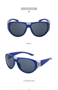 Front and 45-degree side view of blue sports sunglasses with grey lenses and metal accents