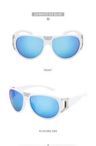 Front and side view of white sports sunglasses with ice blue reflective lenses