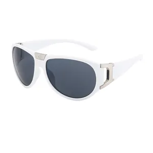 White sports sunglasses with dark lenses and silver metal accents for outdoor cycling