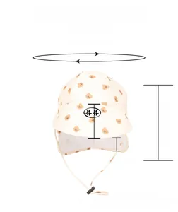 Detailed size chart for breathable beige baby sun hat with bear print and neck flap