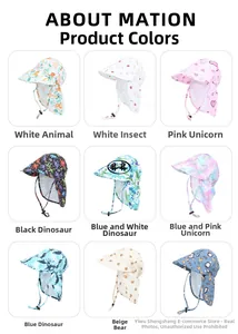 Detail view of nine patterns of children's sun hats with neck flaps and mesh vents