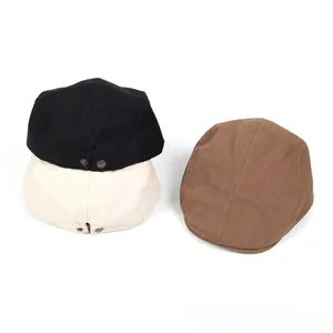 Adjustable metal buckle detail on retro linen cotton ivy caps in black, beige, and brown