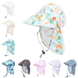 Baby Cartoon Animal Print Sun Hat With Neck Protection Flap Breathable Mesh Toddler Bucket Hat For Boys Girls UV Protection