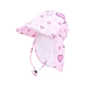 Pink unicorn print baby sun hat with neck protection flap and breathable mesh lining