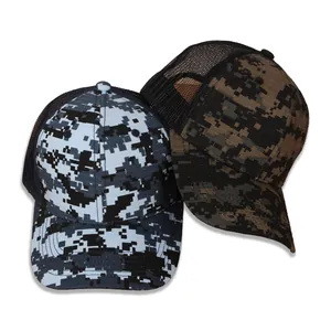 Outdoor digitale camouflage trucker pet met ademend mesh net in blauw en bruin