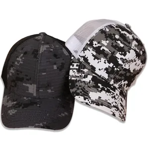 Ademende camouflage trucker caps met gebogen klep voor zomerse zonbescherming buiten