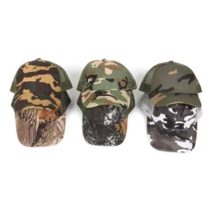Ademende camouflage mesh trucker petten met bos- en boomschorspatronen voor buiten